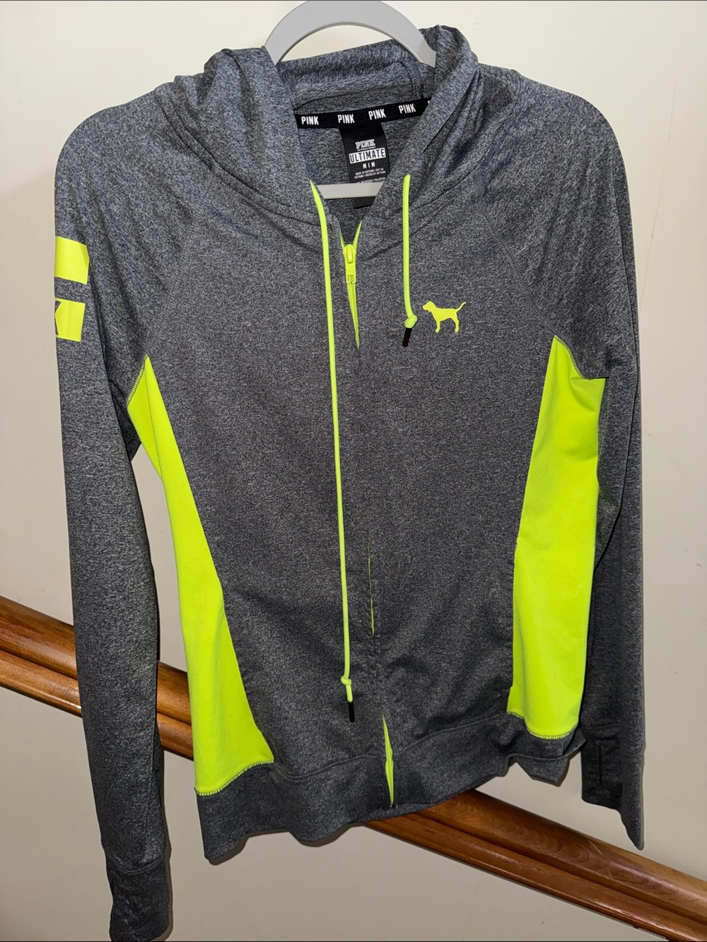 PINK Victoria's Secret Gray Heather Zip Hoodie with Neon Yellow Accents
